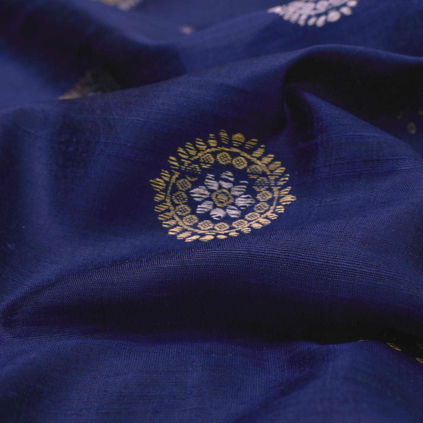 Navy Blue Tussar Raw Silk Fabric with Zari Butta Design