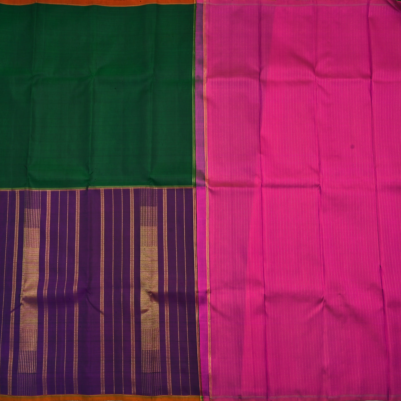 Dark Green and Magenta Kanchipuram Silk Saree with Plain and Zari Lines Design
