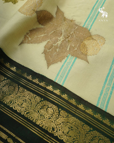 Elaichi Green Eco Print Kanchi Silk Saree with Bottle Green Getti Self Pallu