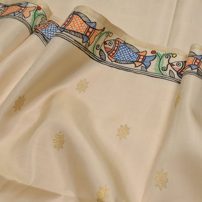 Off White Madhubani Kanchi Silk Saree with Small Zari Butta Design