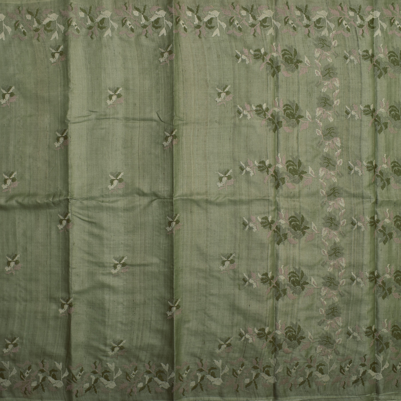 Apple Green Tussar Silk Saree with Embroidery Design