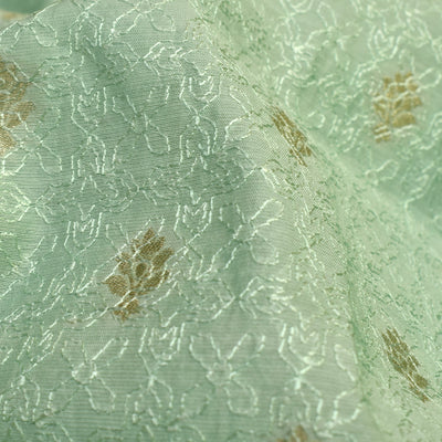 Mint Green Banarasi Silk Fabric with Thread Zari Butta Design