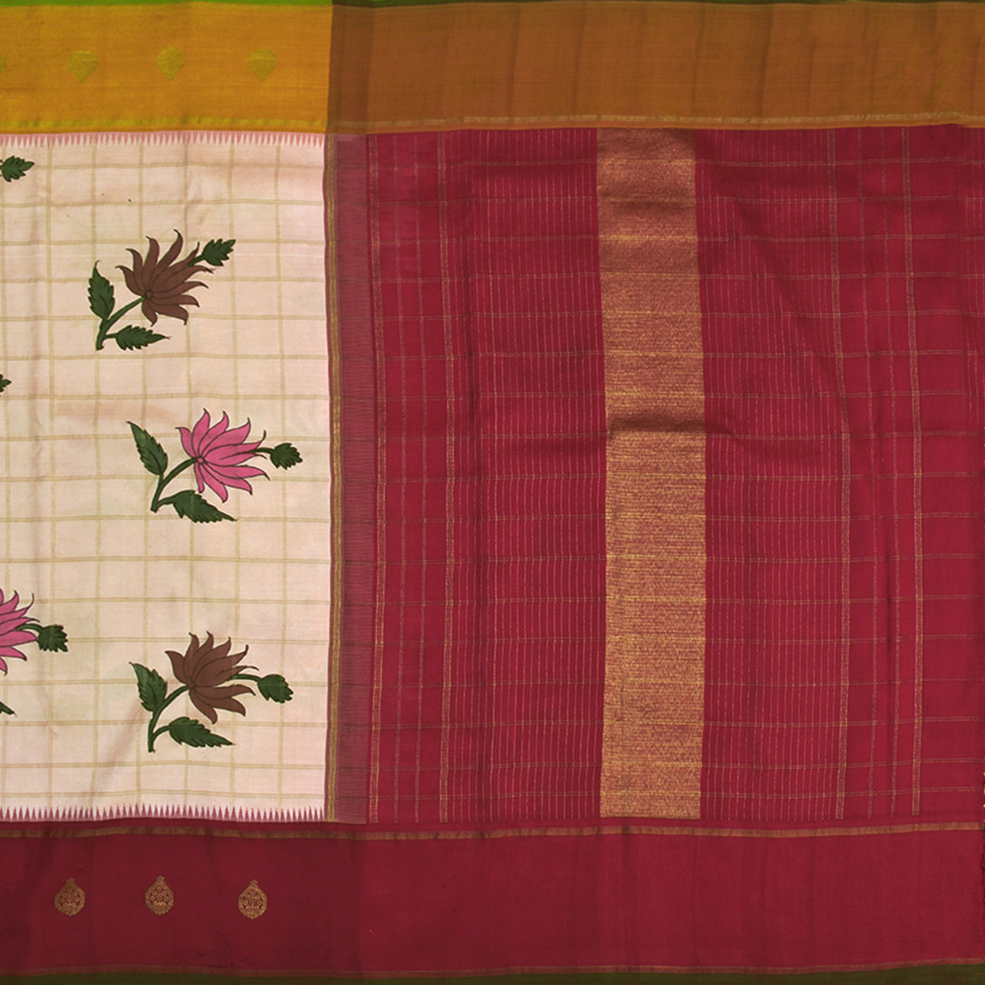 Off White Pen Kalamkari Silk Saree with Lotus Design
