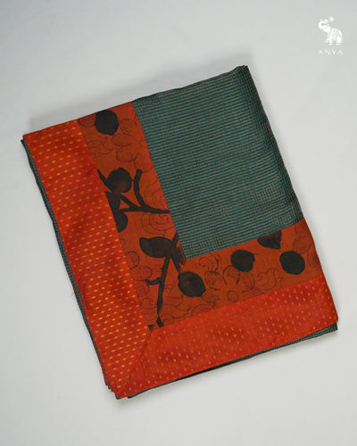 Peacock Green Zari Checks Tussar Silk Saree with Rust Pen Kalamkari Kanchi Border