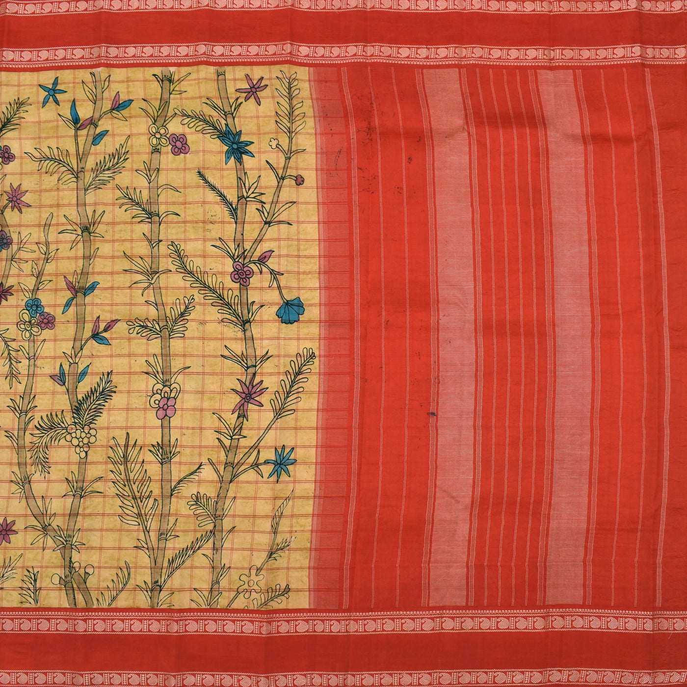Off White and Yellow Pen Kalamkari Silk Saree with Floral Checks Design