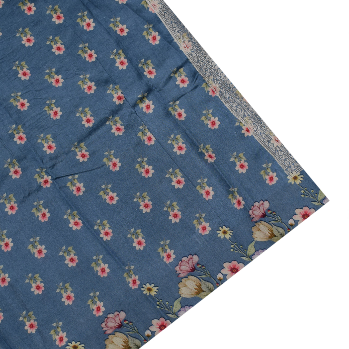 Blue Banarasi Silk Saree with Triangle and Floral Print Design