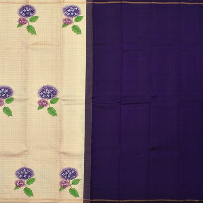 Off White Zari Checks Hand Painted Kanchi Silk Saree with Purple Flower Design