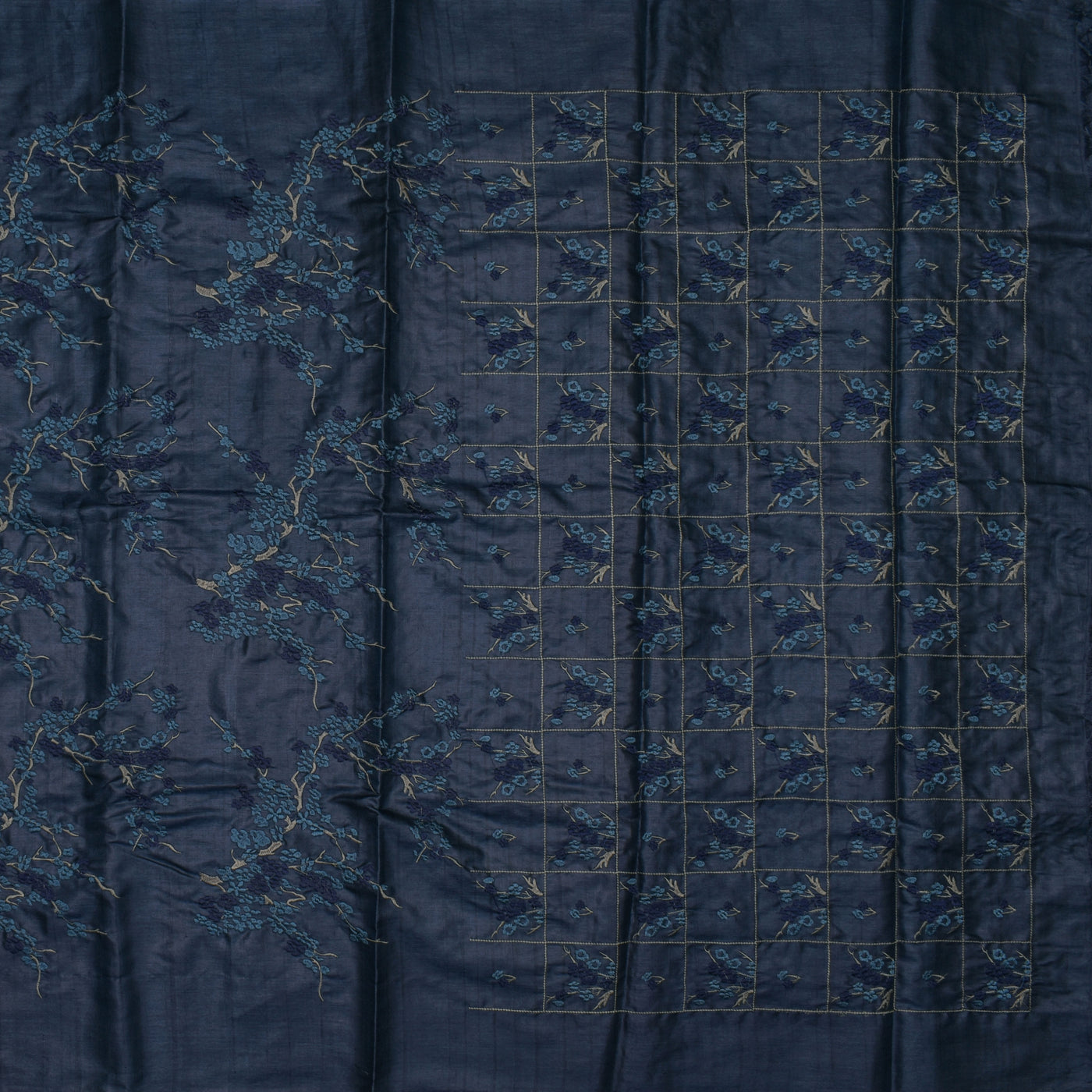 Navy Blue Tussar Silk Saree with Floral Embroidery Design