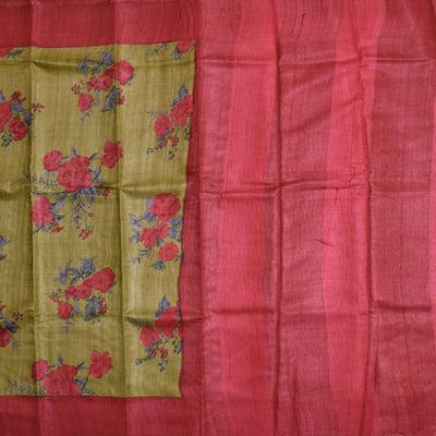 Mehandhi Green Tussar Silk Saree with Floral Printed Design