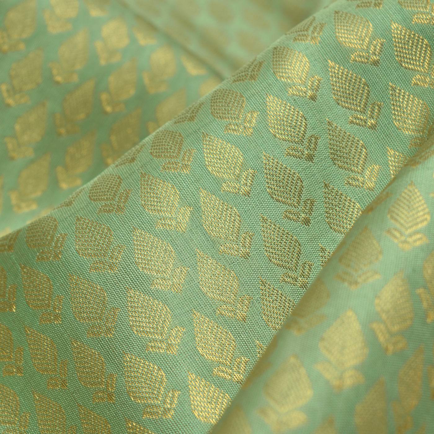 Apple Green Kanchi Silk Fabric with Leaf Zari Butta Design