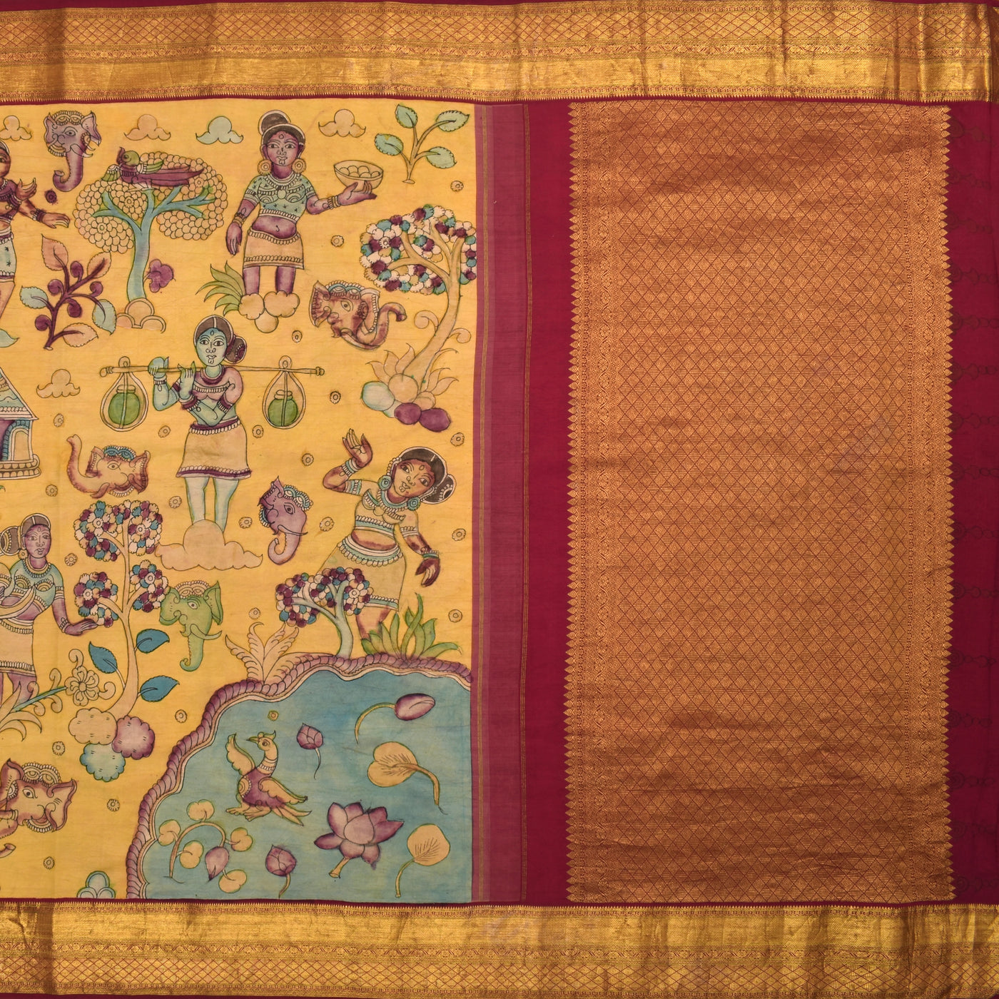 Lemon Yellow Pen Kalamkari Silk Saree