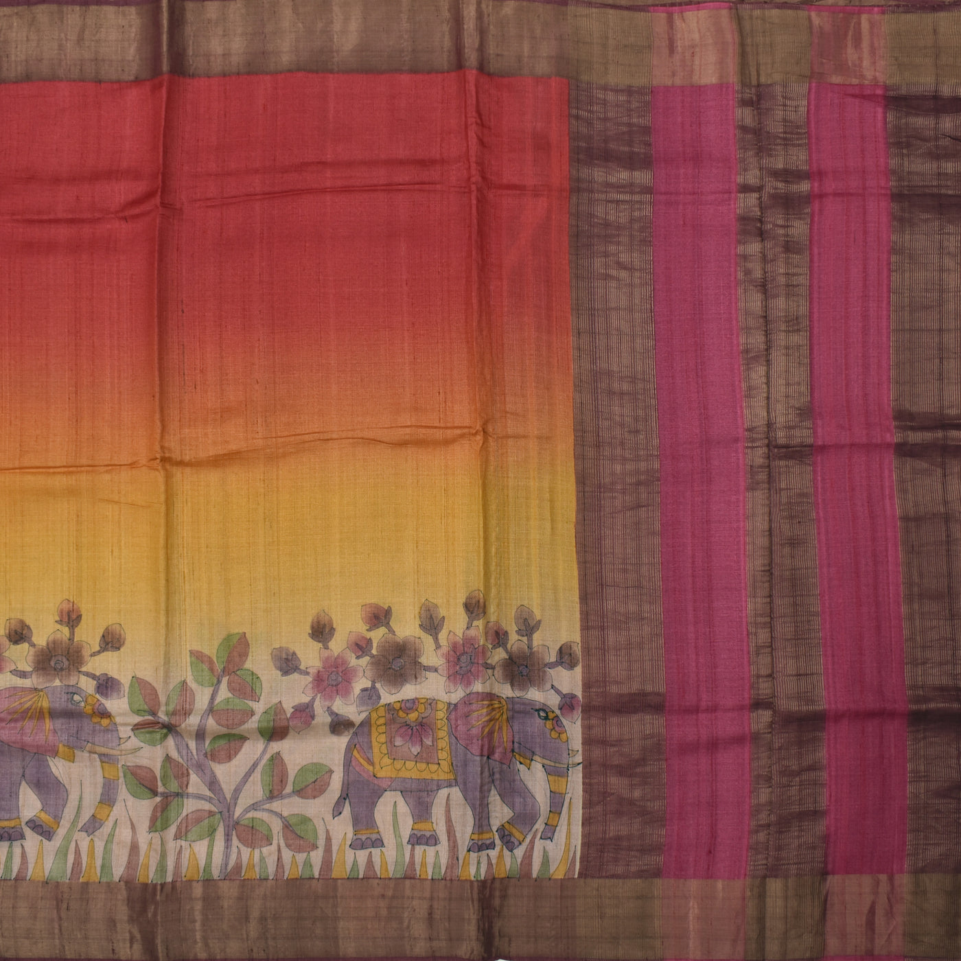 Tri Color Tussar Silk Saree with Kalamkari Print Design