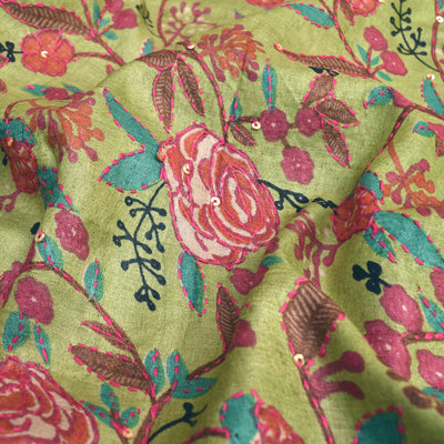 Apple Green Tussar Silk Fabric with Floral Kantha Work Design