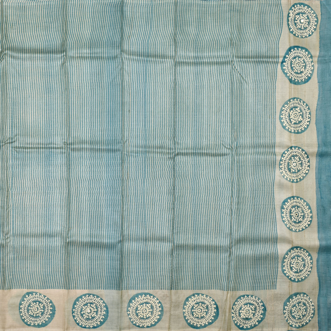 Blue and Off White Tussar Silk Saree with Stripes and Kutch Work Design