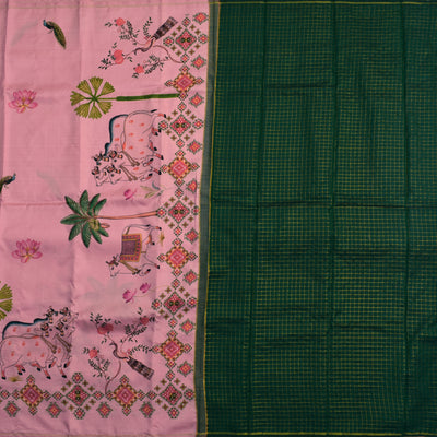 Onion Pink Printed Kanchi Silk Saree with Pichwai Print Design