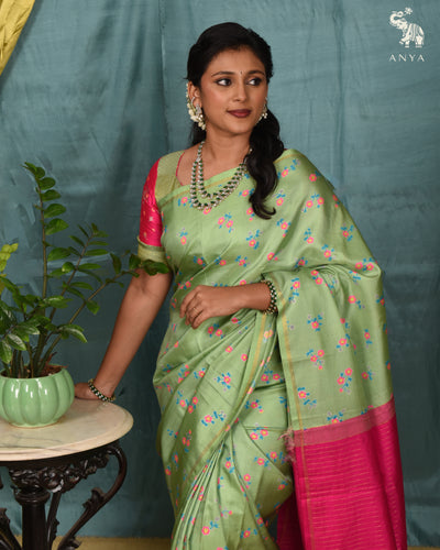 Apple Green Printed Kanchi Silk Saree with Floral Print Design