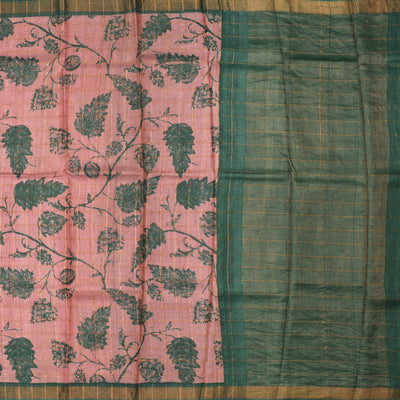 Onion Pink Tussar Silk Saree with Leaf Print and Zari Checks Design