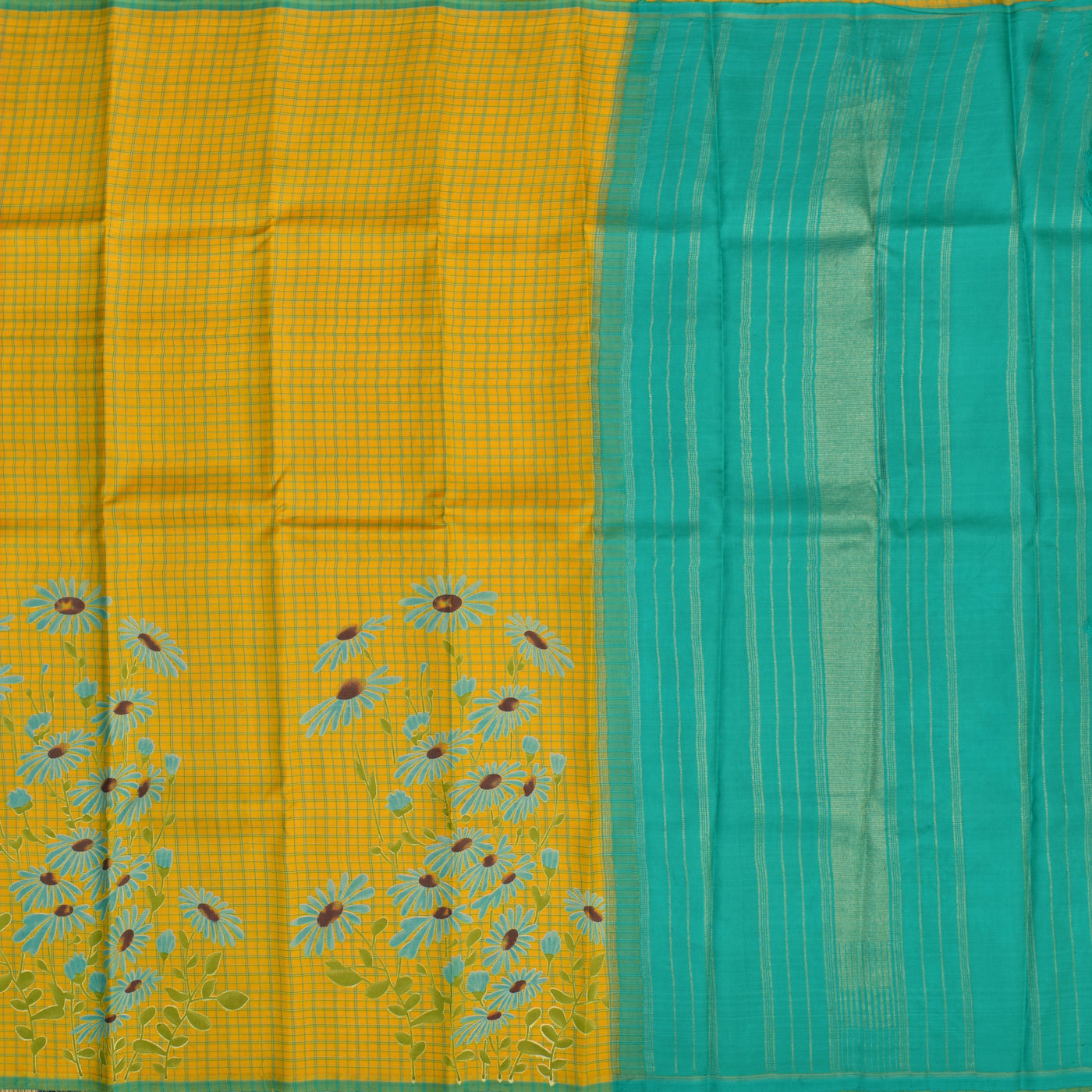 Mustard Printed Kanchi Silk Saree with Kattam and Floral Printed Design
