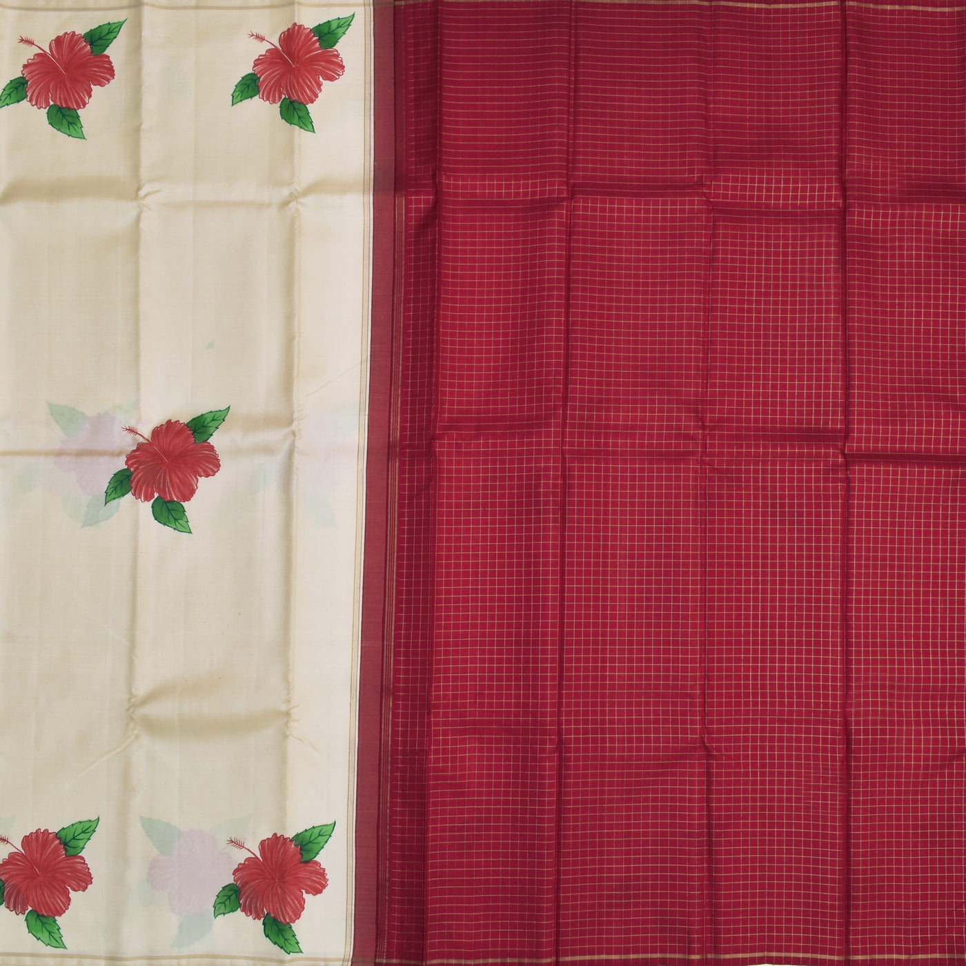 Off White Hand Painted Kanchi Silk Saree with Hibiscus Design