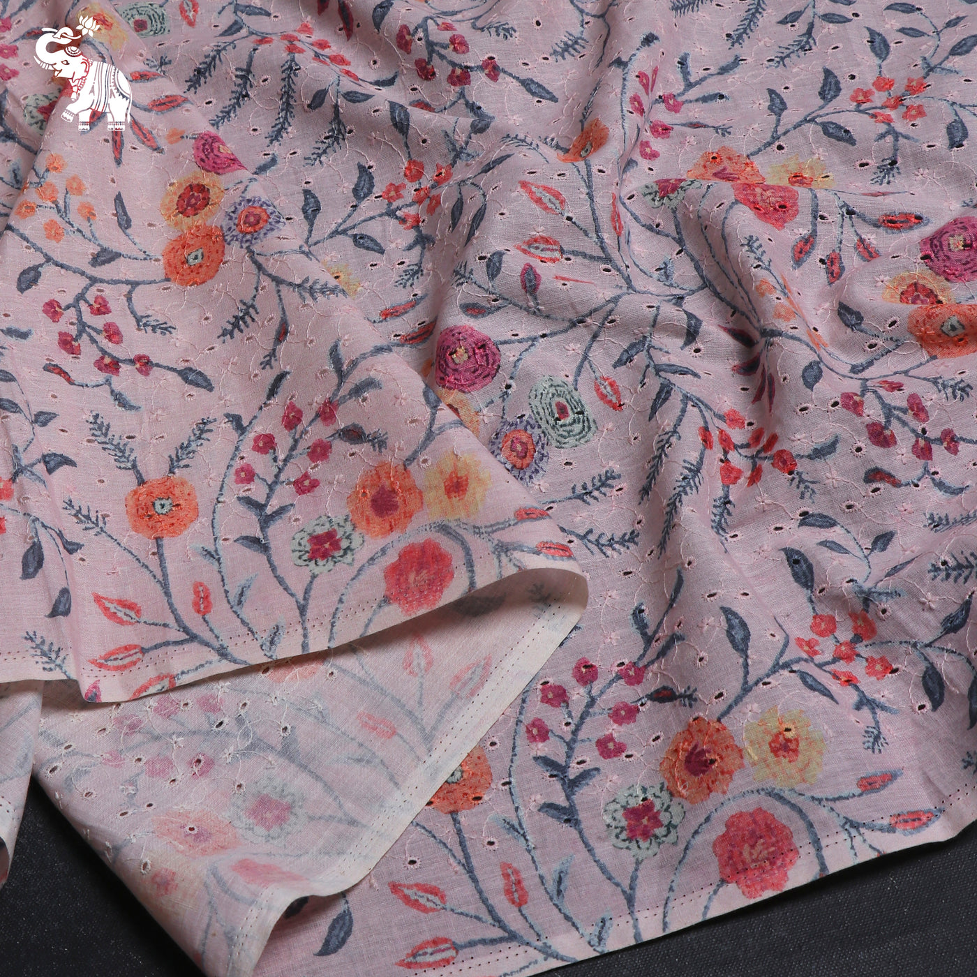Baby Pink Hakoba Cotton Fabric with Floral Print Design