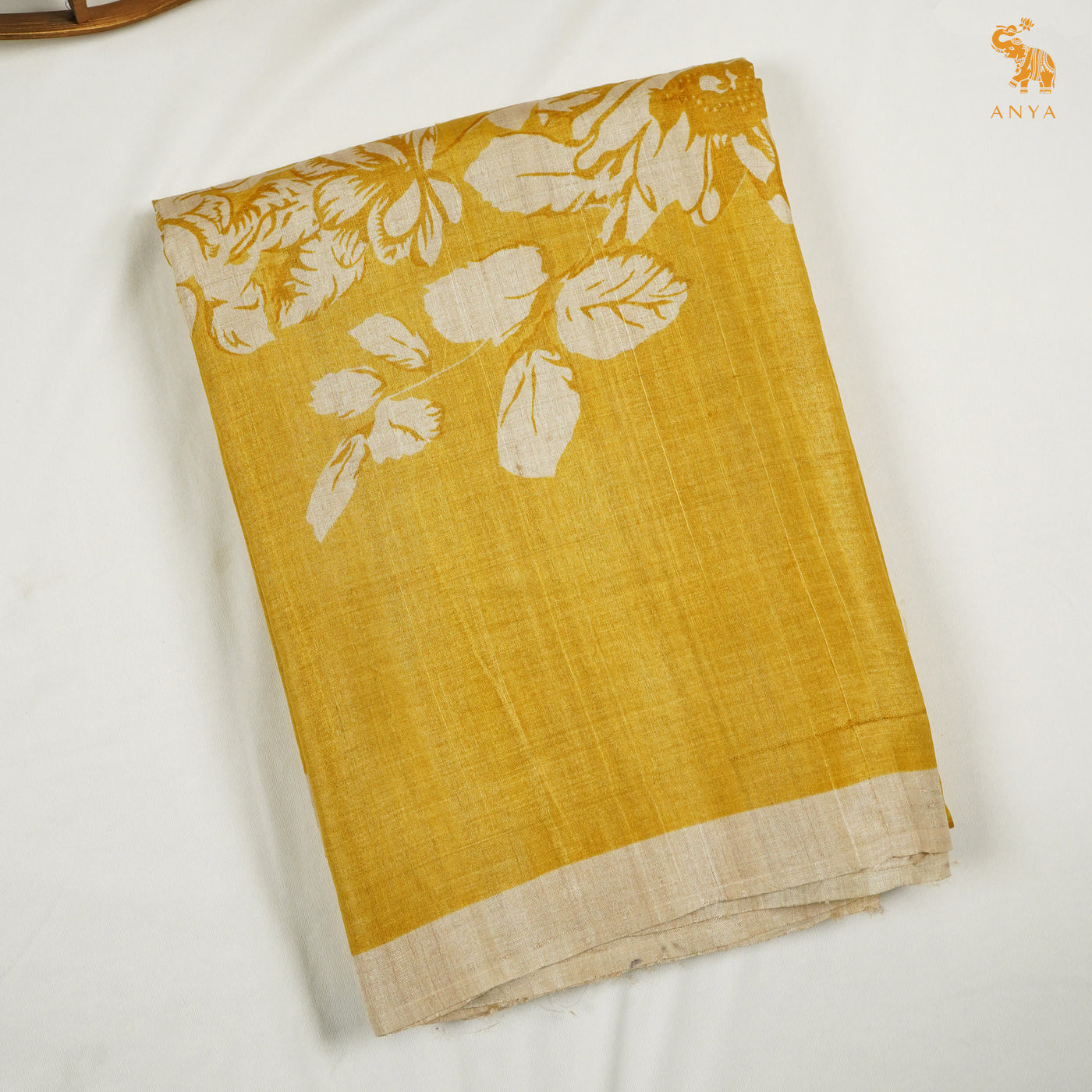 Mustard Tussar Silk Saree with Floral Printed Design
