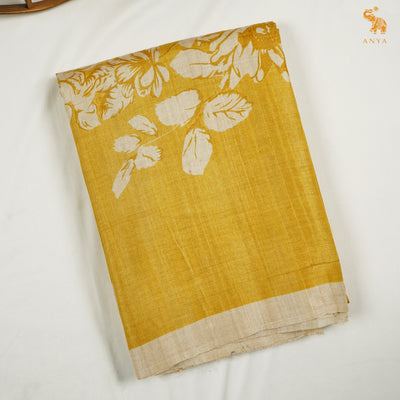 Mustard Tussar Silk Saree with Floral Printed Design