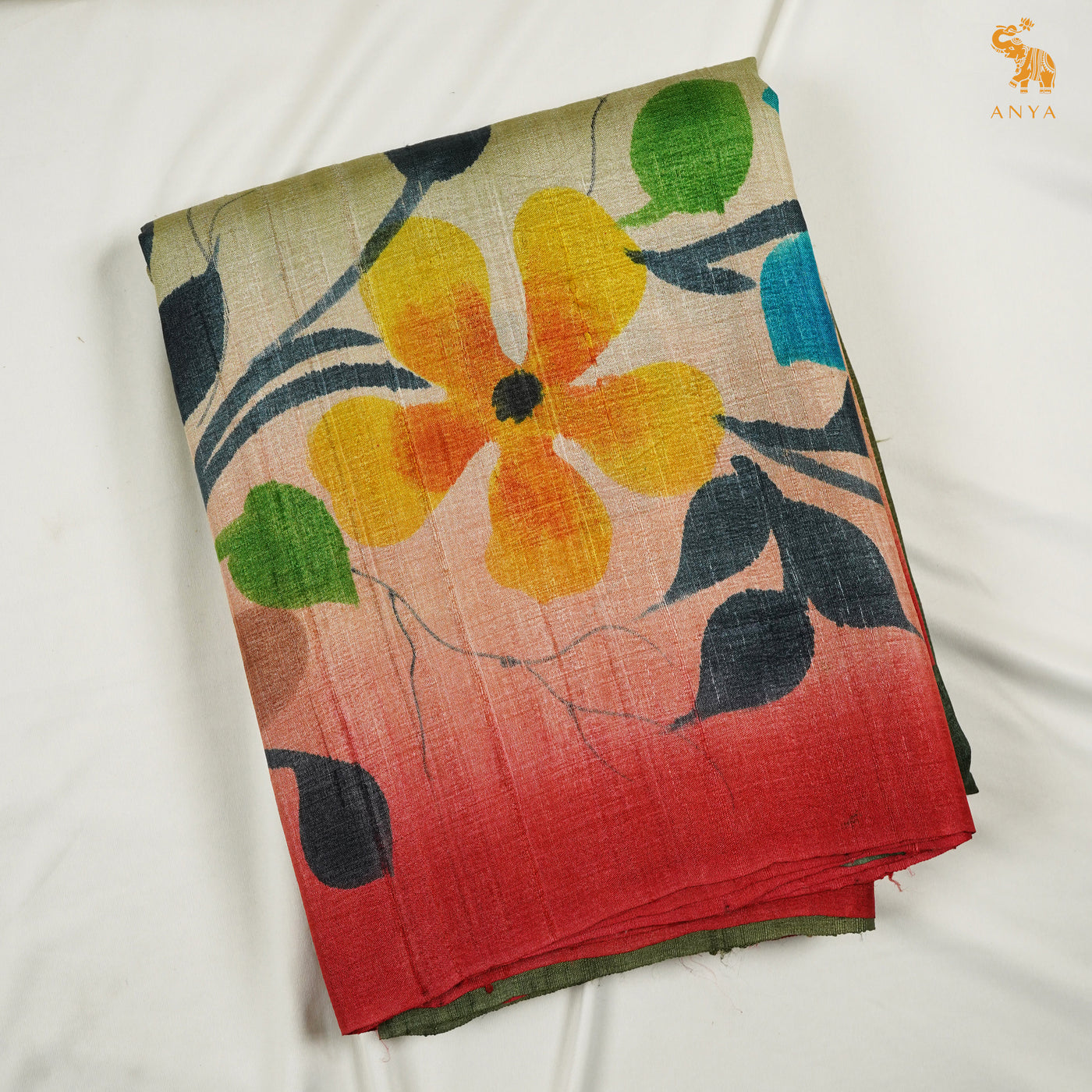 Olive Green Tussar Silk Saree with Floral Printed Design