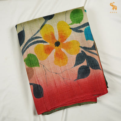 Olive Green Tussar Silk Saree with Floral Printed Design