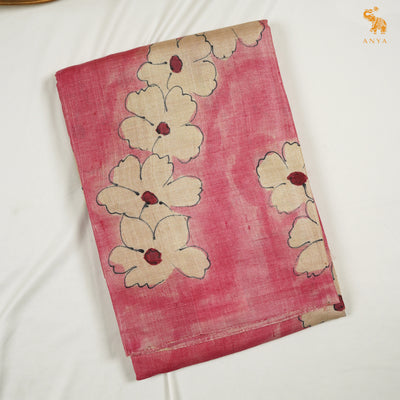 Onion Pink Tussar Silk Saree with Floral Design