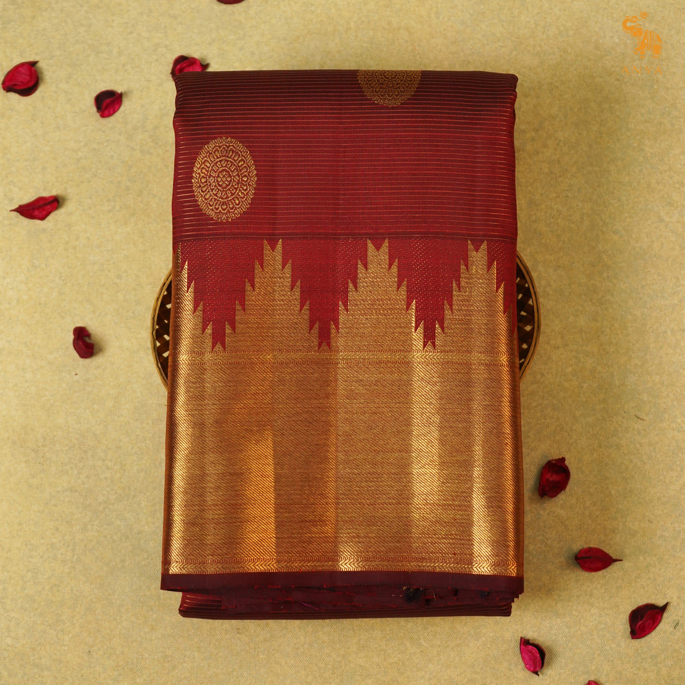 Maroon Kanchi Silk Saree with Zari Lines and Zari Butta Design