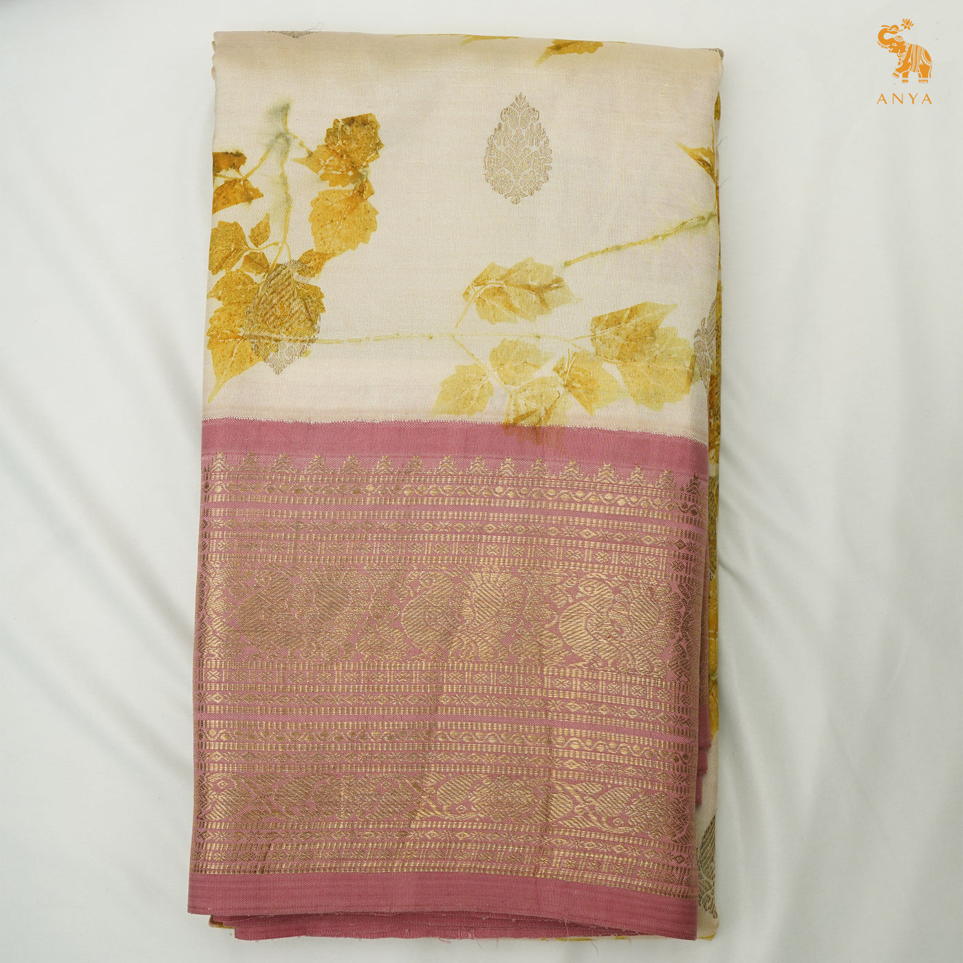 Off White Eco Print Kanchi Silk Saree with Onion Pink Getti Self Pallu