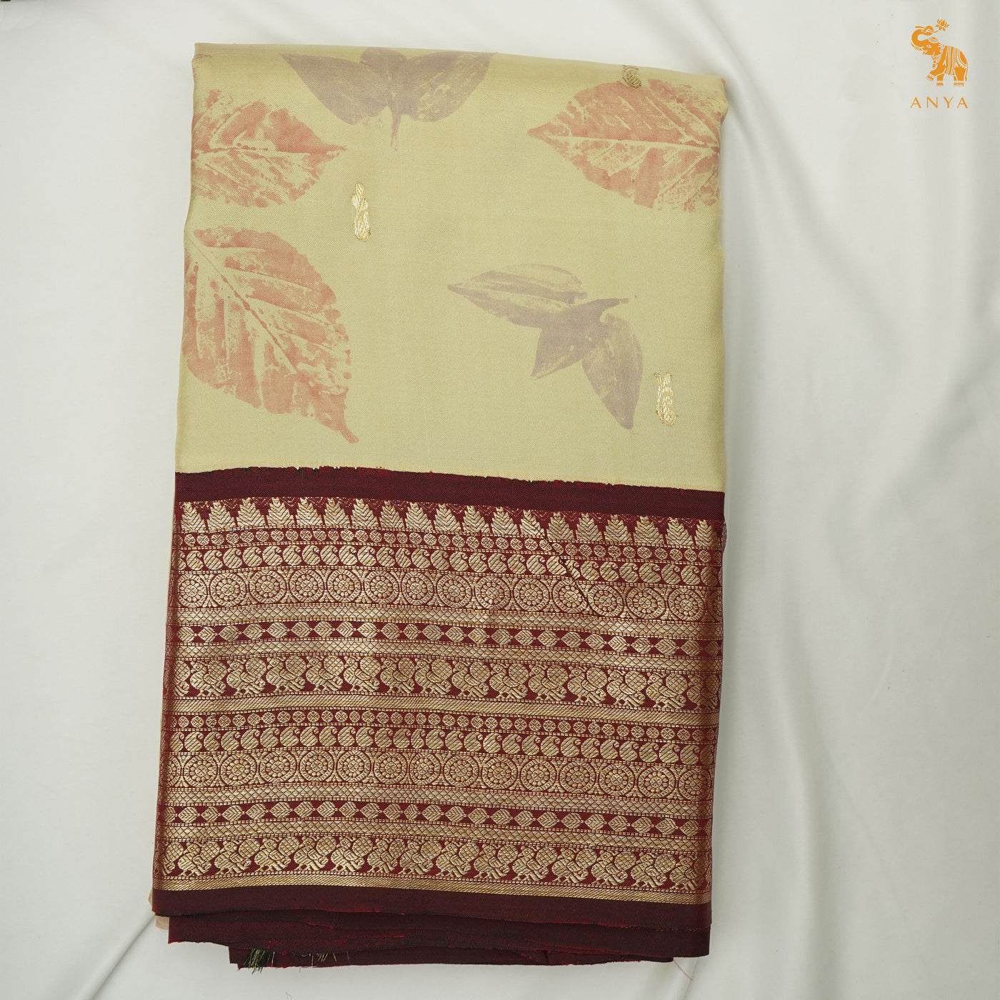 Apple Green Eco Print Kanchi Silk Saree with V Pakku Getti Self Pallu