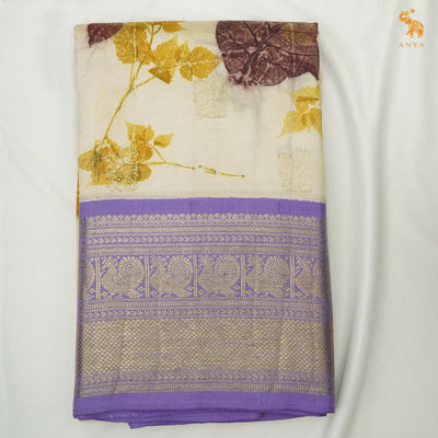 Off White Eco Print Kanchi Silk Saree with Lavender Getti Self Pallu