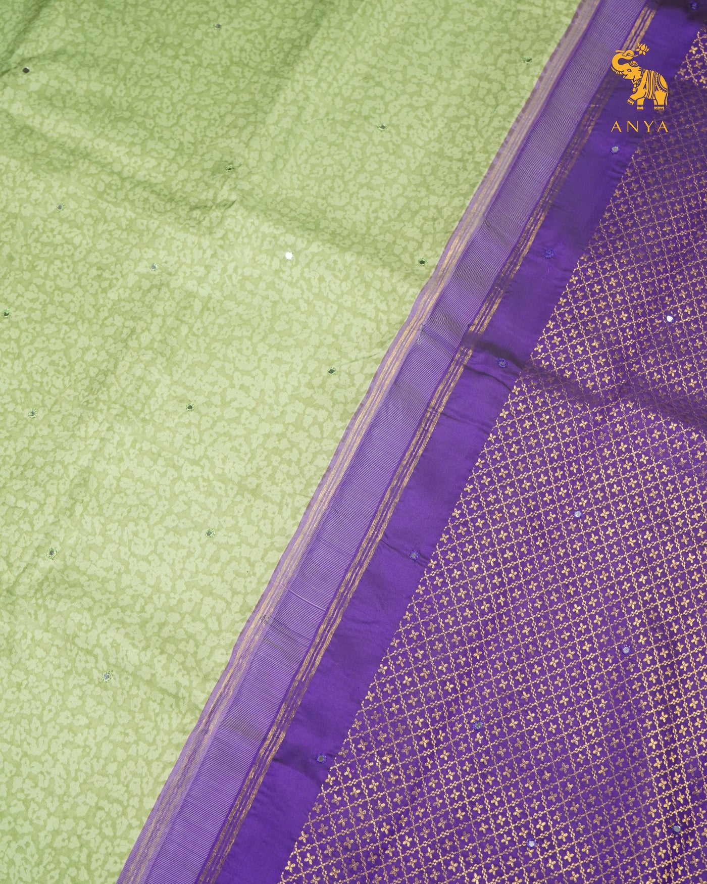 Apple Green Printed Kanchi Silk Saree with Mirror Work Design