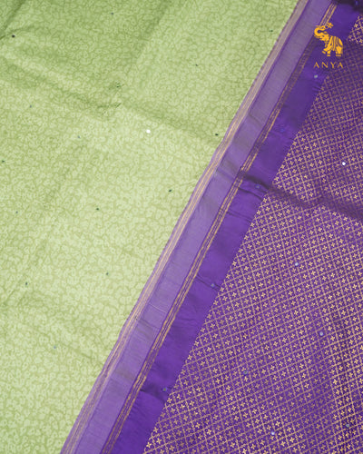 Apple Green Printed Kanchi Silk Saree with Mirror Work Design