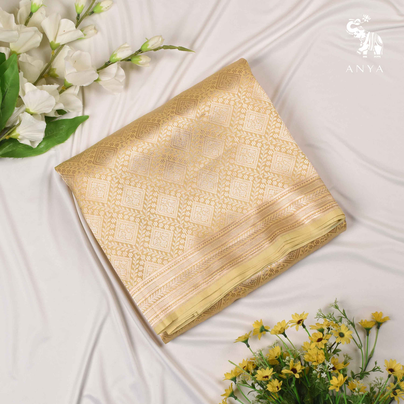 Light Yellow Banarasi Silk Saree with Creeper Design