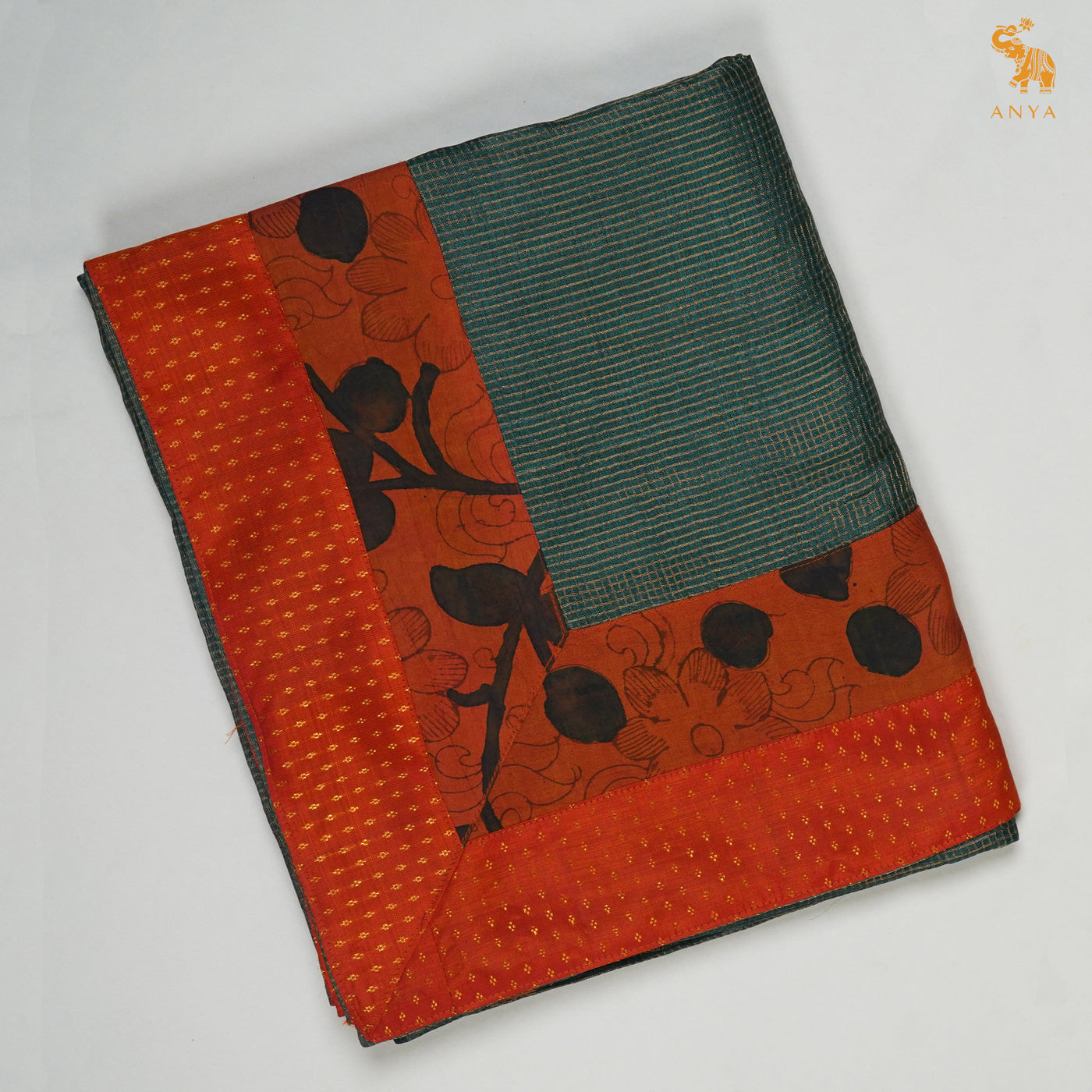 Peacock Green Zari Checks Tussar Silk Saree with Rust Pen Kalamkari Kanchi Border