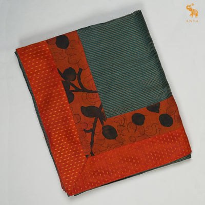Peacock Green Zari Checks Tussar Silk Saree with Rust Pen Kalamkari Kanchi Border