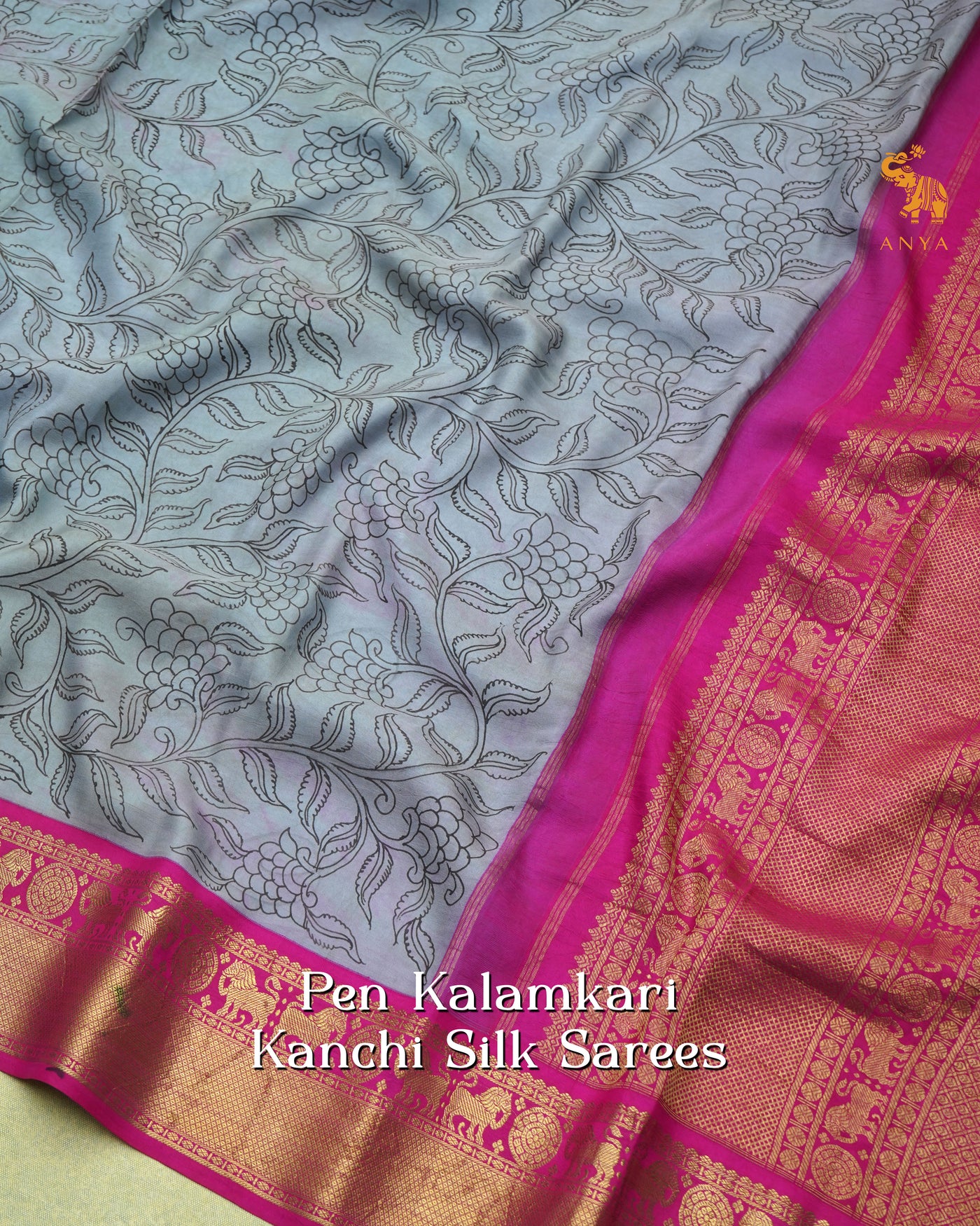 Grey Pen Kalamkari Kanchi Silk Saree with Creeper Design