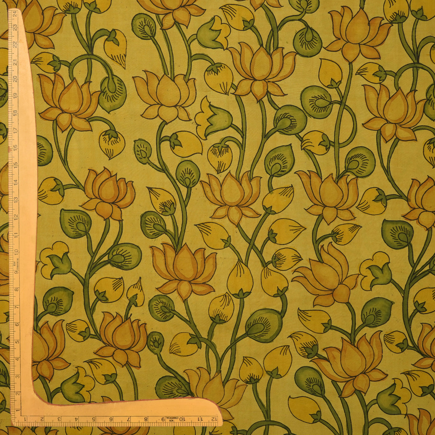 Lemon Yellow Pen Kalamkari Kanchi Silk Fabric with Lotus Design