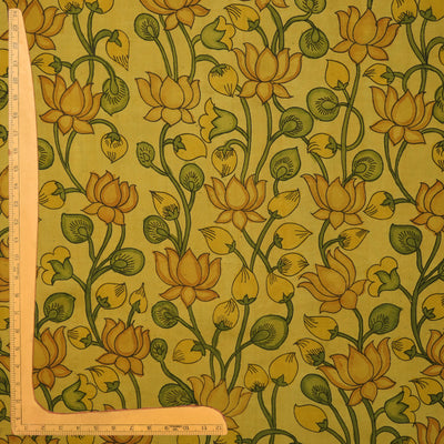 Lemon Yellow Pen Kalamkari Kanchi Silk Fabric with Lotus Design