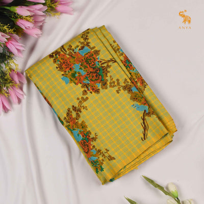 Mustard Printed Kanchi Silk Saree with Checks and Floral Print Design