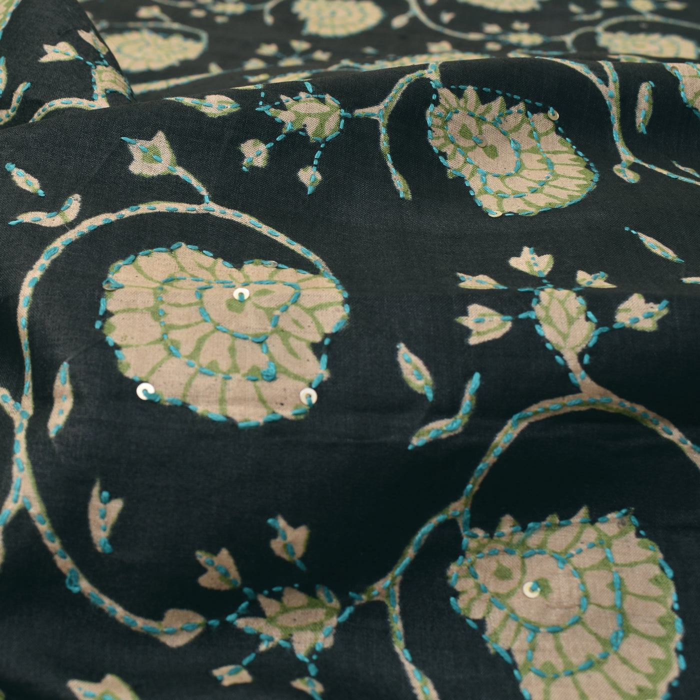 Black Tussar Silk Fabric with Kantha Work Design