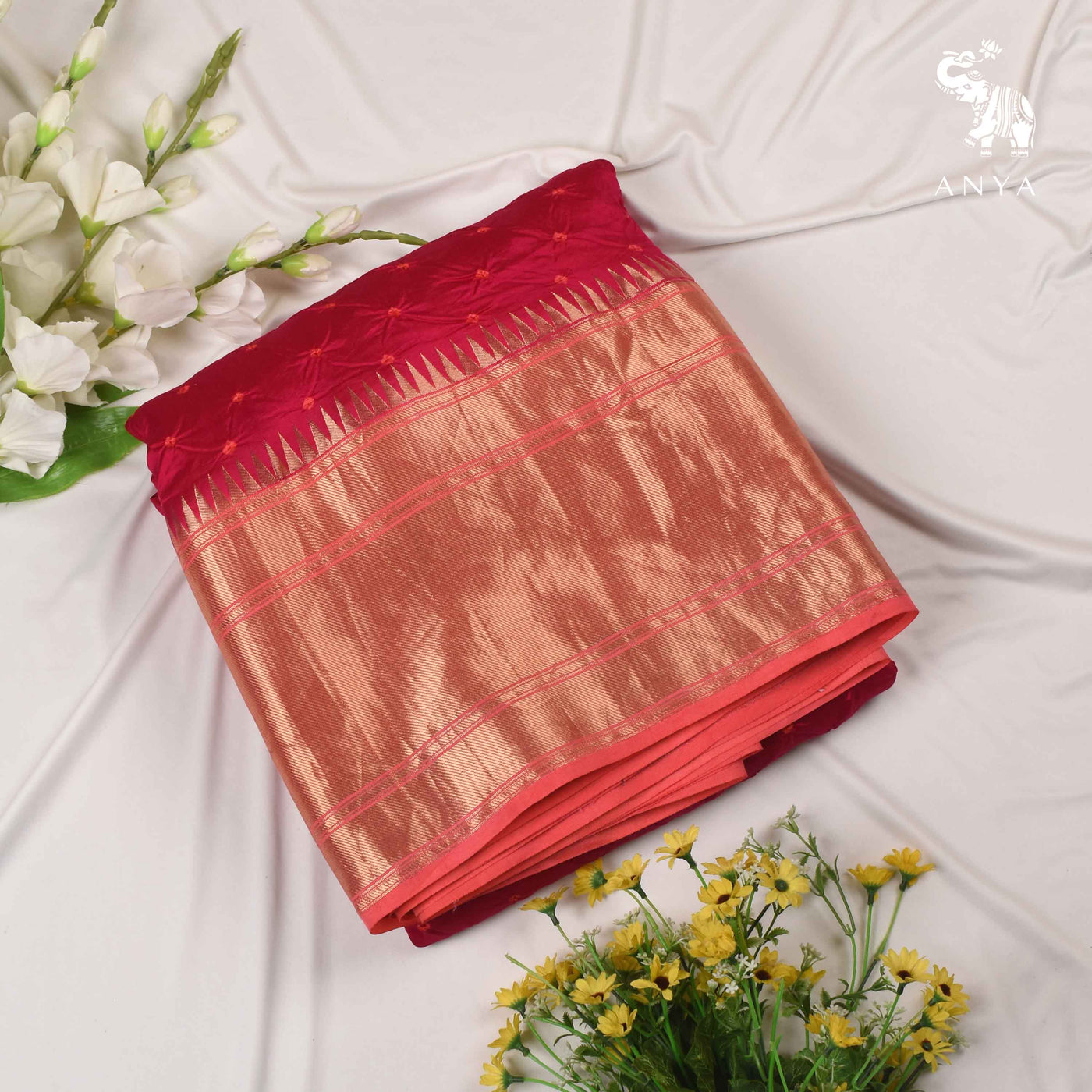 Pink Bhandhini Silk Fabric with Peach Border Design