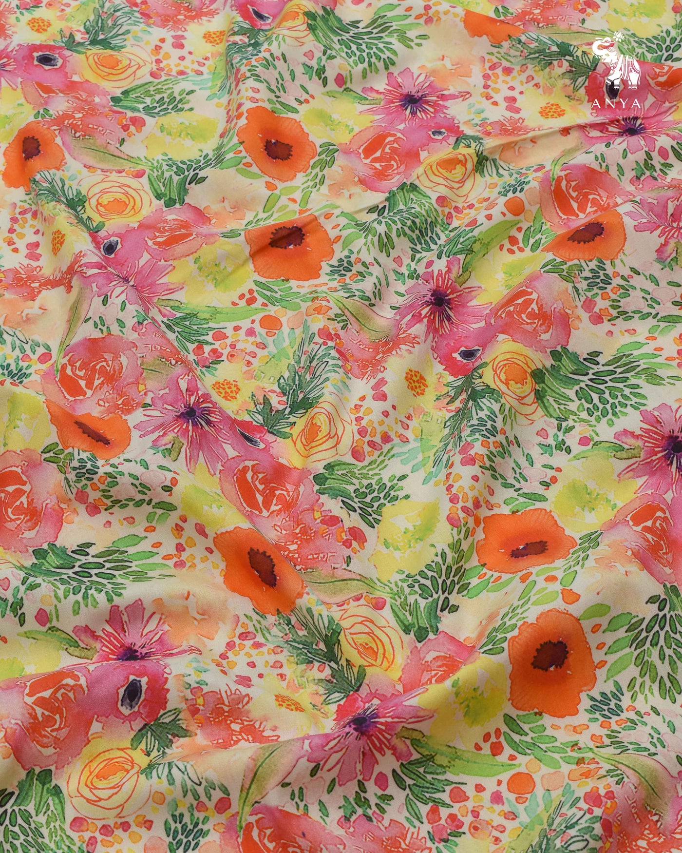 Off White Maheshwari Silk Fabric with Multicolor Floral Design