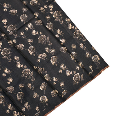 Off White and Black Tussar Silk Saree with Rose Printed Design