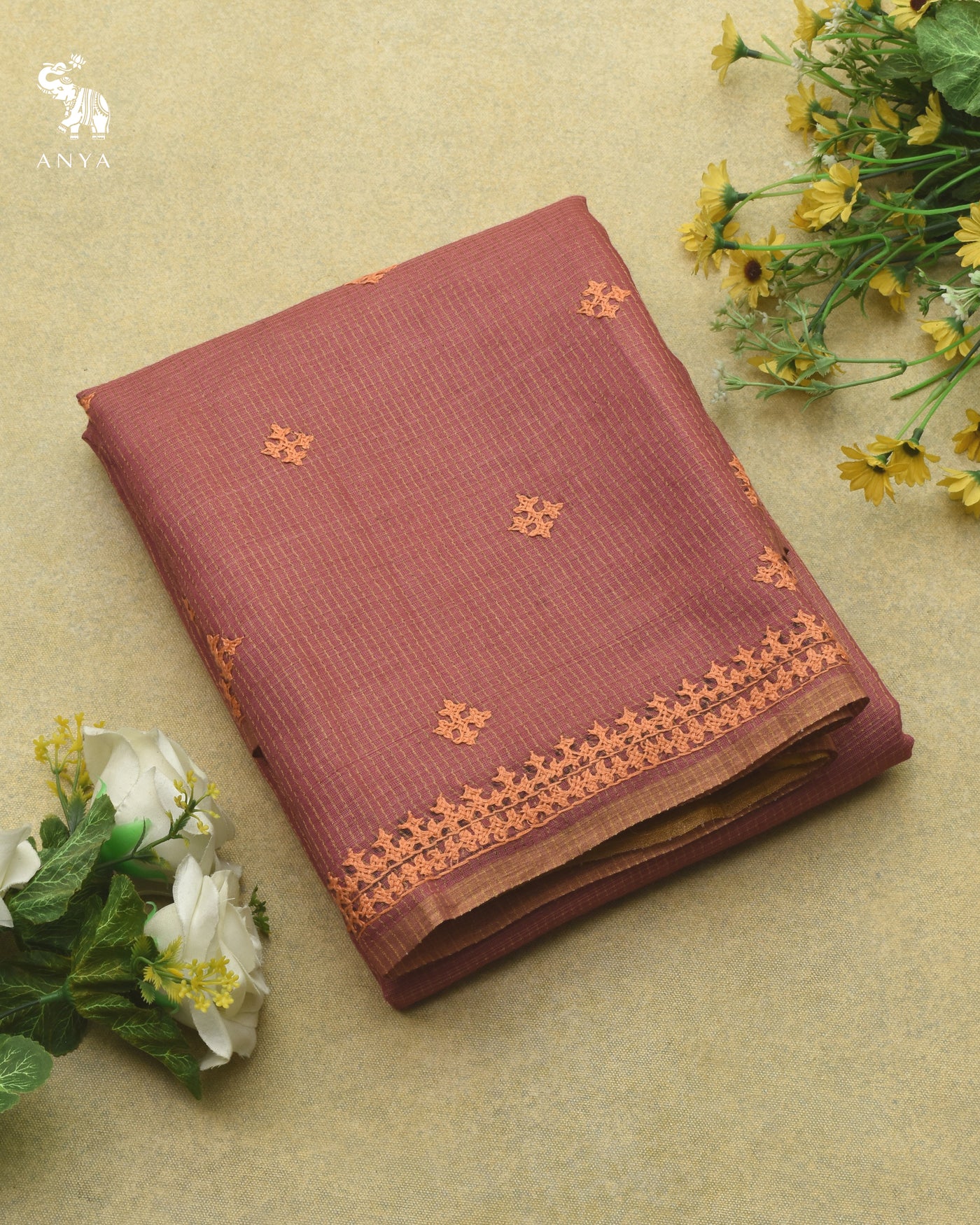 Onion Pink Tussar Silk Saree with Kutch Work Design