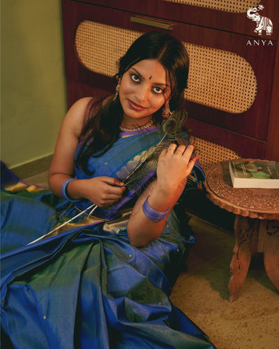 Ink Blue Kanchi Silk Saree with Vairaoosi Lines Butta Design