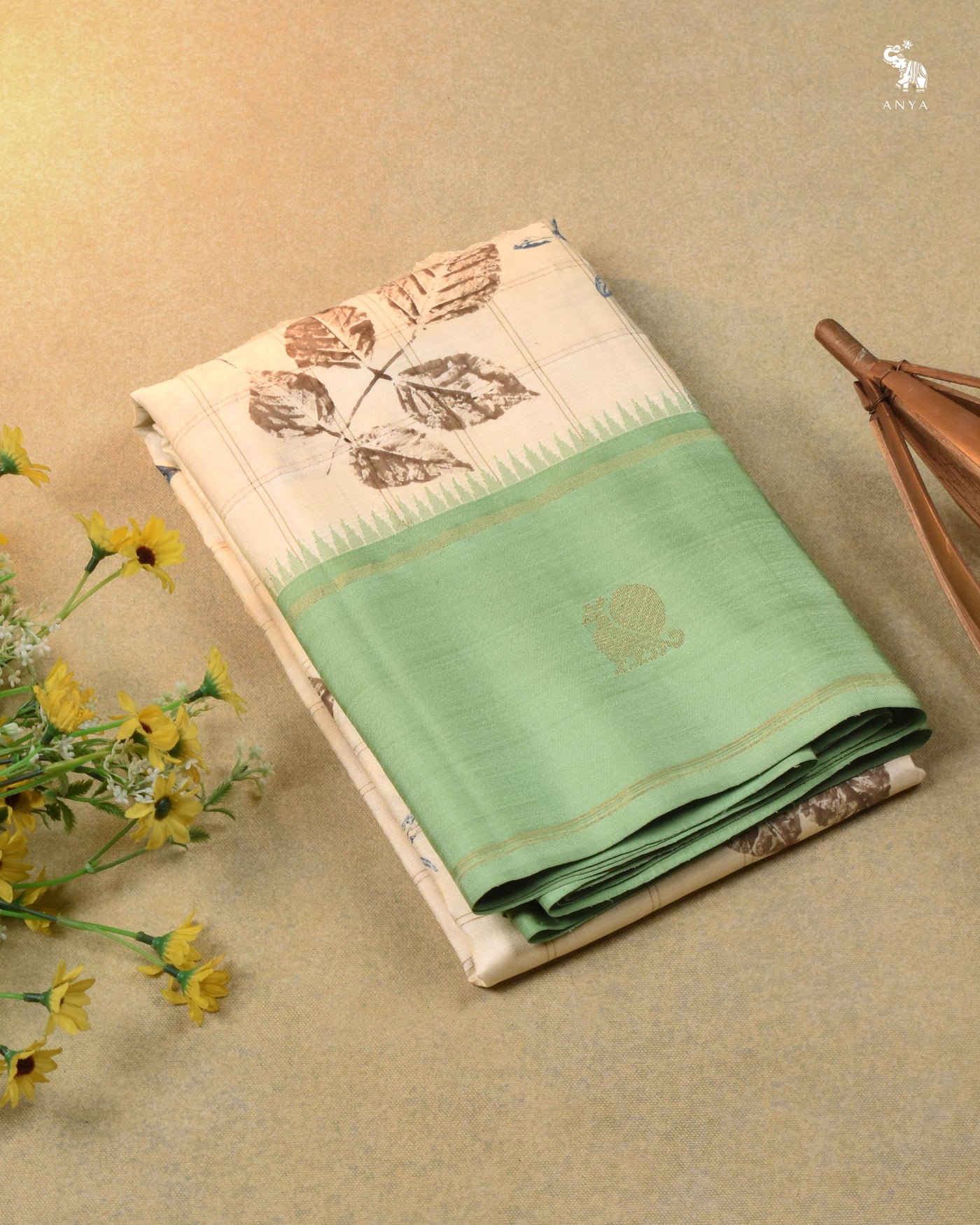 Off White Eco Print Kanchi Silk Saree