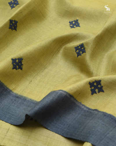 Apple Green Tussar Silk Saree with Kutch Work Design